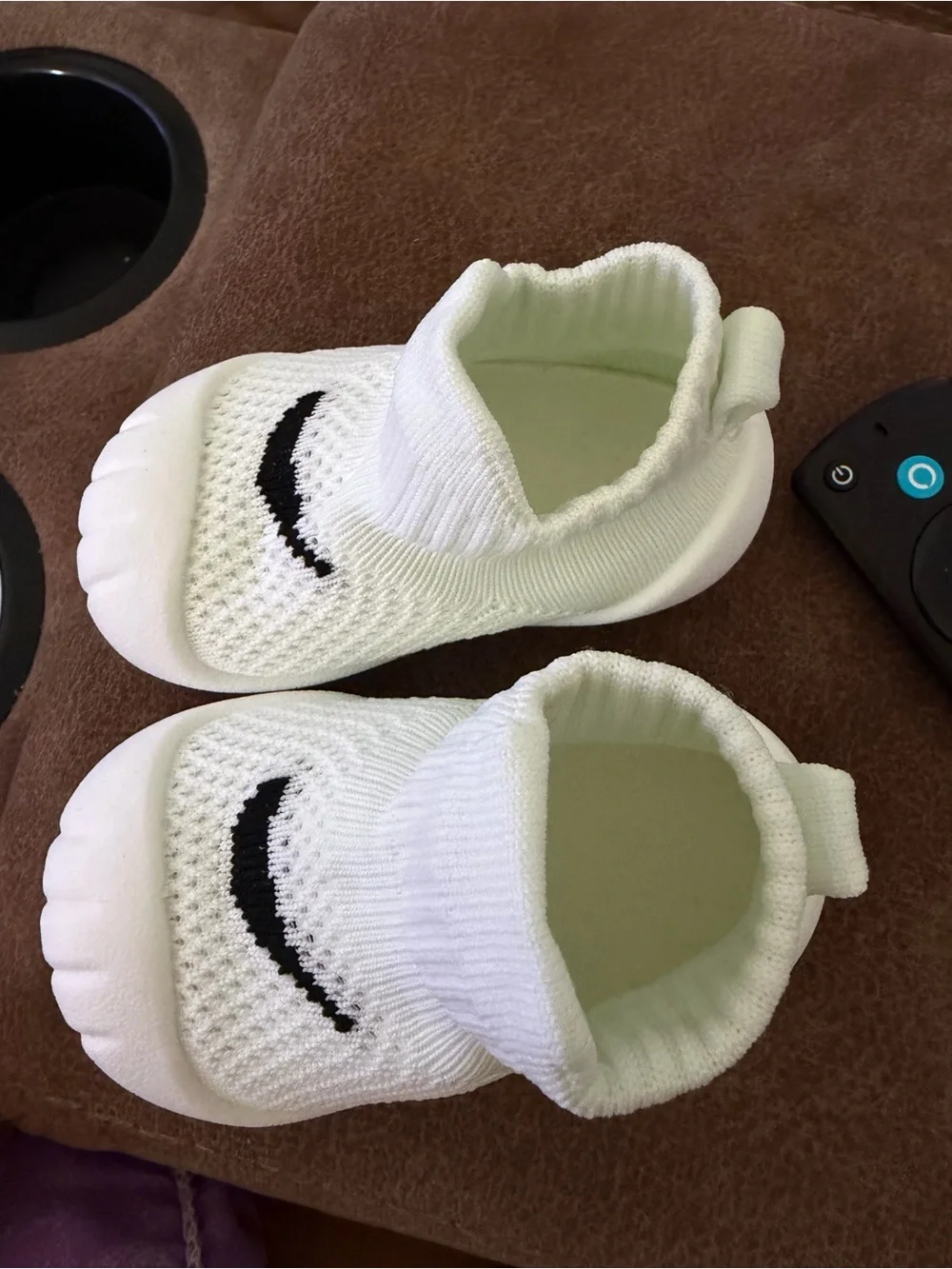 Nike Baby White Sock-Style Knit Shoes with Black Swoosh